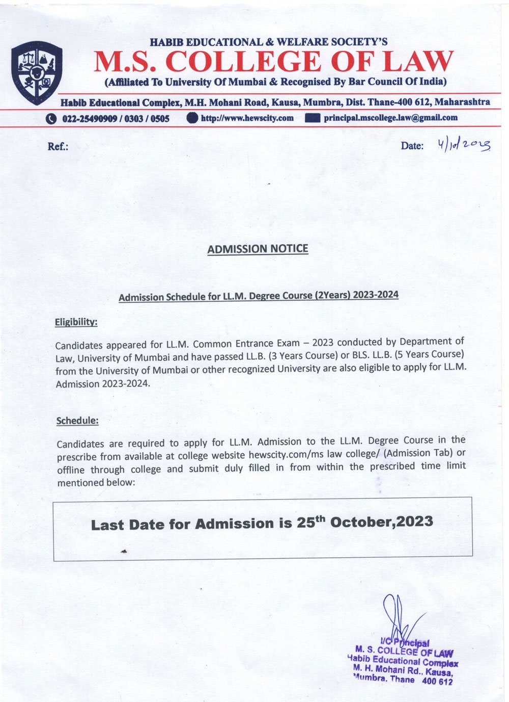 Admission Notice 2023 - M.S. College of Law